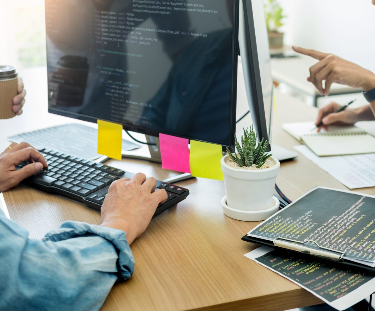 Programmer Outsource Developer Team coding technologies Website design. Mobile Application Software, Cyber space concept.